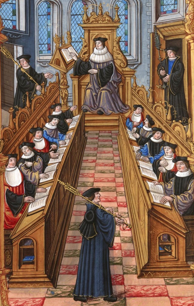 A meeting of doctors at the university of Paris. From the "Chants royaux" manuscript, Bibliothèque Nationale, Paris.